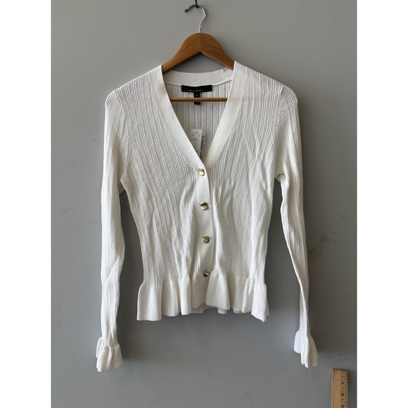 White House Black Market Sweaters - White House Black Market Cardigan Womens Medium White Ruffle Button Long Sleeve